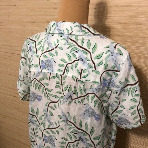 Novelty Blue Bird & Leaf Print 100% Linen Button-up Women's Collared Blouse - Picture 8 of 12